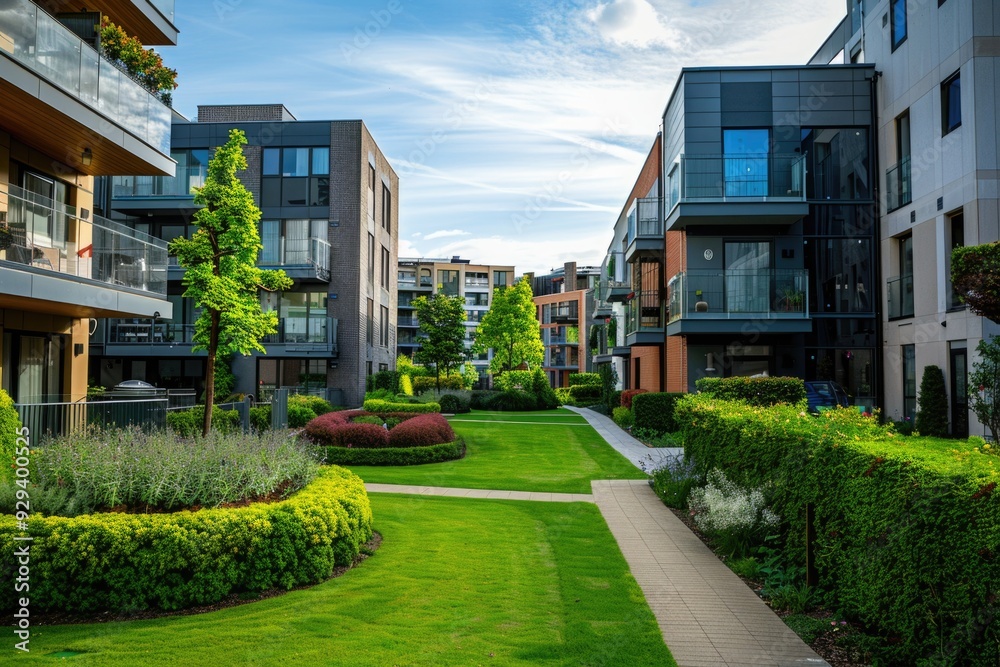 Poster a tranquil scene of a grassy area facing a row of apartment buildings, suitable for use in real esta