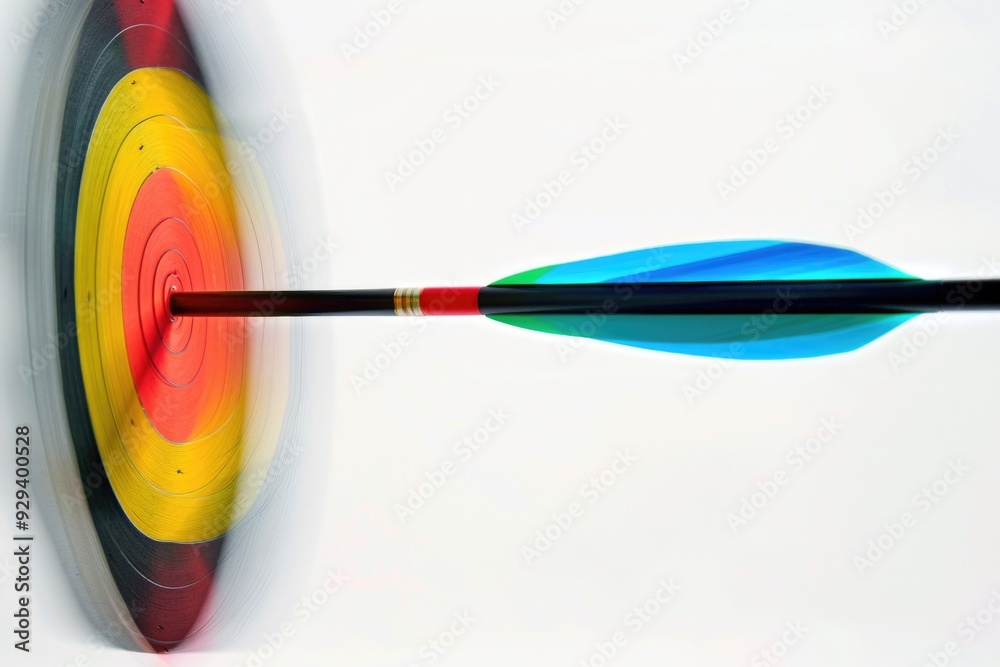 Poster a colorful dart hits a bullseye on a white background, simple and precise