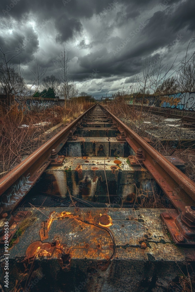 Poster Old train track with rusted rails and a cloudy sky