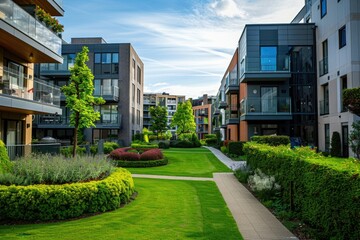 Fototapeta premium A tranquil scene of a grassy area facing a row of apartment buildings, suitable for use in real estate or community-focused imagery