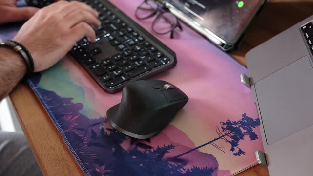 Close up of freelancer's designer hands working. Businessman at work in working in office. Copywriter writing text on computer keyboard