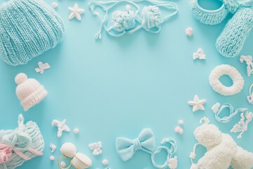 Baby s accessories on blue background for charming baby shower invitation photography