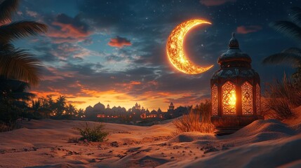Fototapeta premium 3d rendered ramadan scene with ornate golden crescent moon and illuminated lantern atop sand dune ethereal light creating magical desert night atmosphere