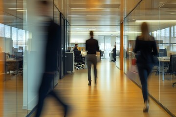 A modern office corridor with people walking and workstations visible in the background.