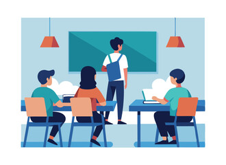 Modern Classroom with Students and Teacher Illustration