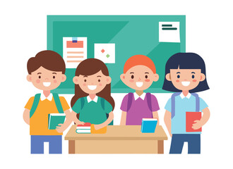 Happy School Children in Classroom Vector Illustration