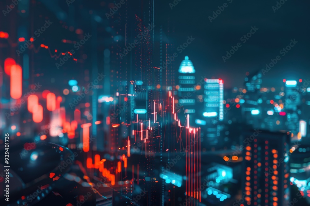 Poster view of city skyline from high-rise building rooftop, suitable for use in urban landscape or archite