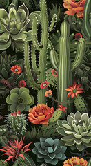 Obraz premium A seamless pattern of desert cacti and succulents. Concept of southern plants with thorns.