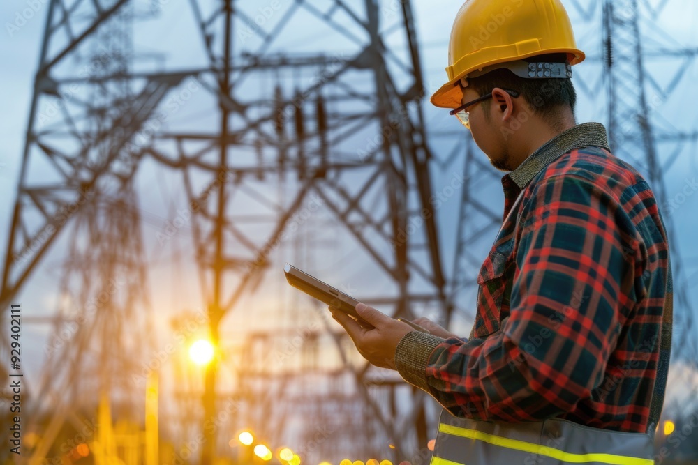 Poster a man wearing a hard hat holds a cell phone, likely checking messages or making a call
