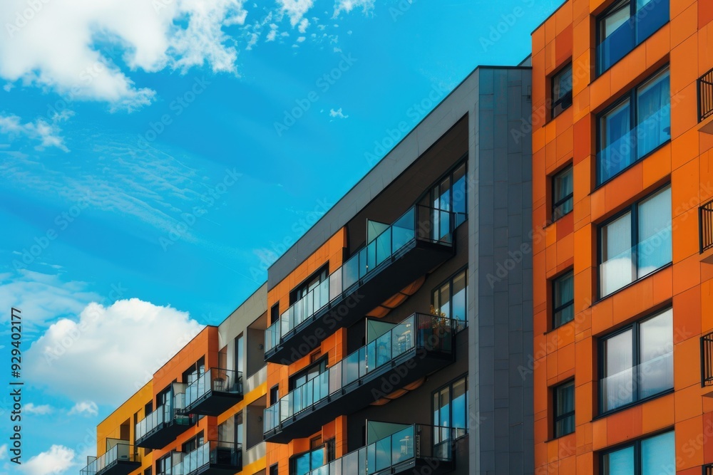 Poster a modern apartment complex or condominium with multiple levels of balconies, ideal for architecture,