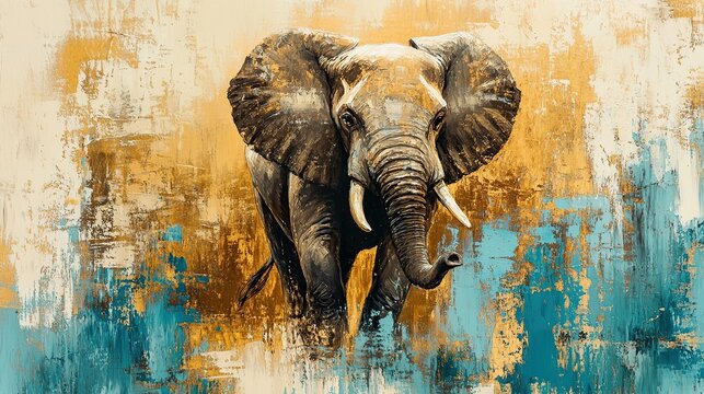 An abstract painting of an elephant on a gold and blue background.