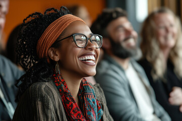 A joyful African American woman in glasses is smiling brightly while attending a lively event with a diverse group of people.