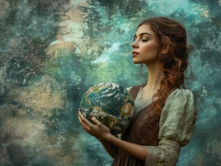 International women s day concept artistic portrait of woman holding globe on stylish background