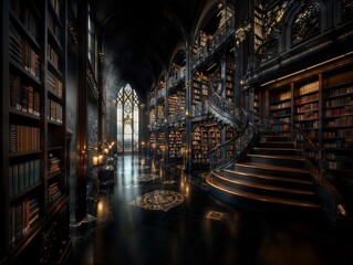 Majestic Library Interior with Spiral Staircase and Illuminated Bookshelves