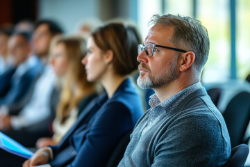 Middle-aged Caucasian man with glasses attentively listens during a business seminar with diverse attendees in the background.