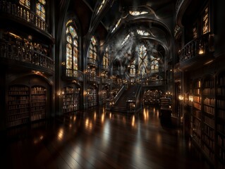 Fototapeta premium Gothic Library Interior with Stained Glass and Wooden Bookshelves