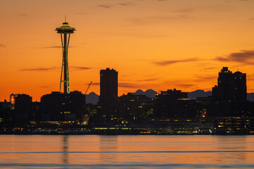 Seattle, Washington Skyline Just Before Sunrise. Beautiful morning looking at the cityscape across...