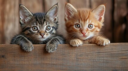 adorable puppy and kitten peeking playfully around wooden sign soft fur and curious expressions blank space ready for text on rustic banner pet shop advertisement concept