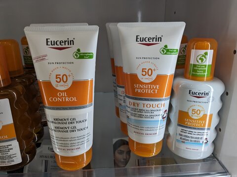 Prague, Czech Republic - August 28 2024: EUCERIN CREAM jar  by EUCERIN, used for dry and sensitive skin care.

