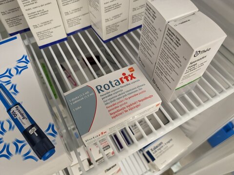 Prague, Czech Republic - August 28 2024: ROTARIX box of oral vaccine with ROTAVIRUS active substance by GSK, used for prevention of rotavirus infection in infants.

