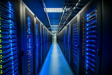 A modern data center with rows of server racks illuminated by blue lights, showcasing advanced technology and data storage in a highly secure environment.
