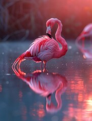 A serene flamingo stands in calm water at sunset, reflecting its vibrant pink feathers.