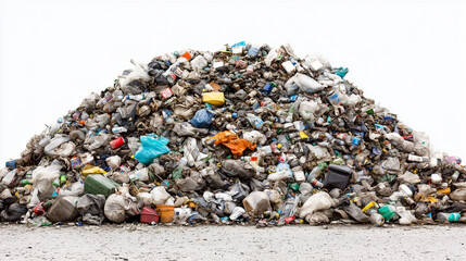 A massive pile of assorted waste and garbage bags creating a large mountain shape, highlighting environmental pollution issues.