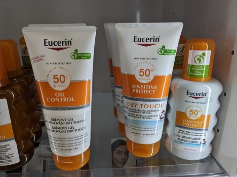 Prague, Czech Republic - August 28 2024: EUCERIN CREAM jar y EUCERIN, used for dry and sensitive skin care.

