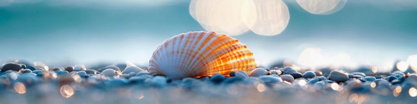 Macro Shot of Orange and White Seashell on Beach, Perfect for Wallpaper or Website Banner