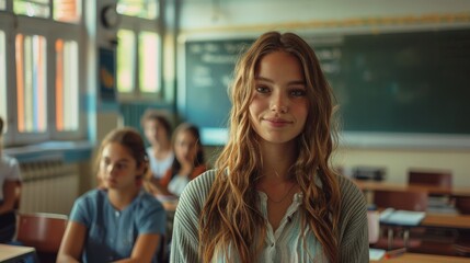 Smiling female teacher happily engaging with a student, with other pupils and a chalkboard in the background