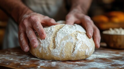 artisanal bakers flourdusted hands skillfully kneading rustic bread dough on weathered wooden surface soft natural light highlighting textures and craftsmanship