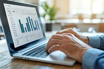 A person analyzes visual data on a laptop screen while seated at a wooden table. Generative AI