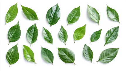 Naklejka premium Green Leaves Arranged Artistically, Isolated On White Background, Suitable For Nature And Eco-Friendly Products Advertisements . Generative ai