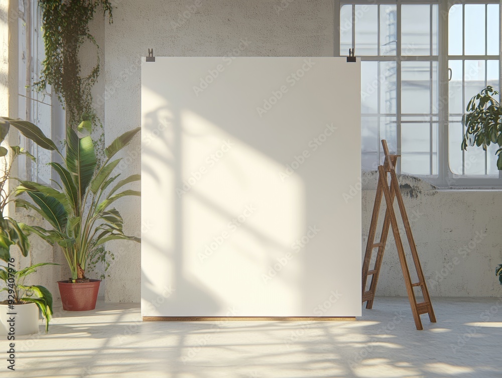 Canvas Prints The loft has a large window, white walls, and a blank canvas for you to present your designs.