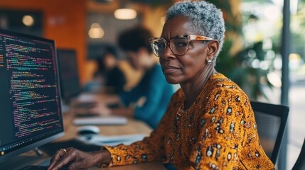 Fototapeta premium A senior woman focuses intently on coding at her workstation in a vibrant office