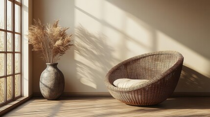 Fototapeta premium bohochic room interior with empty beige wall mockup wicker armchair decorative vase soft natural lighting minimalist scandinavianinspired design