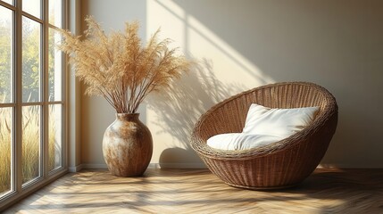 Fototapeta premium bohochic room interior with empty beige wall mockup wicker armchair decorative vase soft natural lighting minimalist scandinavianinspired design