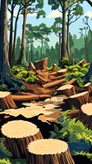 Obraz premium Deforestation is illustrated through fallen tree stumps and cleared land from logging activity