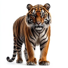 A majestic tiger stands proudly with a striking pose, showcasing its vibrant orange fur and bold black stripes on a white background.