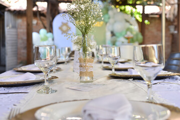 restaurant party table with plates bowls dinner buffet