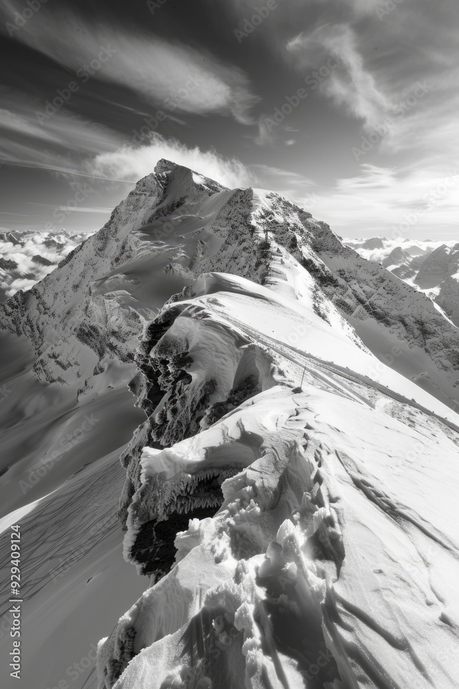 Poster a serene black and white image of a snow-covered mountain range, perfect for use in winter-themed pr