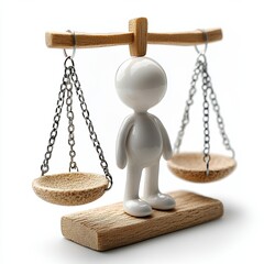 A wooden figure stands on a balanced scale, symbolizing fairness and justice with an intricate design. Perfect for legal and ethical themes.