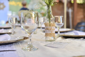 restaurant party table with plates bowls dinner buffet