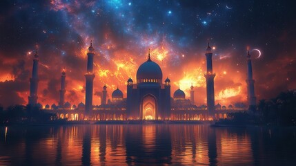 Naklejka premium celestial mosque minarets crafted from stardust crescent moon portal prayer hall with galactic dome worshippers silhouettes against cosmic tapestry