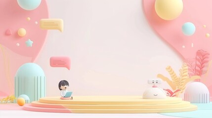 3D Illustration of Girl with Tablet, Chat Bubbles, and Abstract Shapes in Pastel Colors, Copy Space