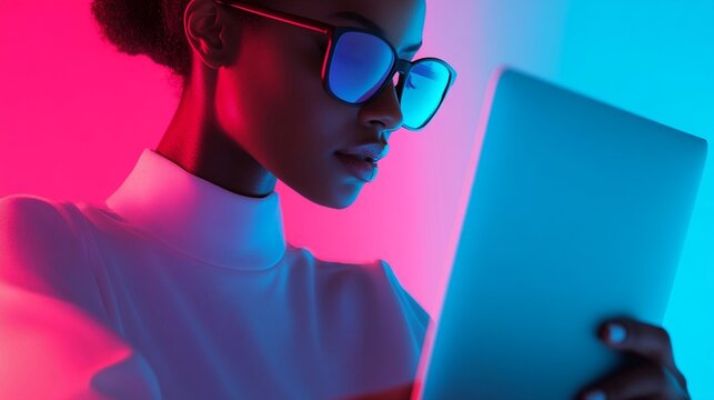 Young African female professional, typing on a laptop in a lively cafe, surrounded by coffee cups and scattered notes, focused and determined expression