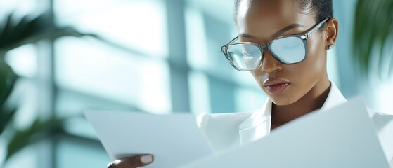 Mature African businesswoman, poised and professional, in a luxurious corporate office, analyzing legal documents, serene and authoritative