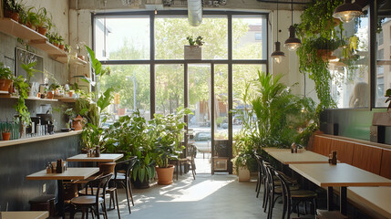 A chic, urban cafe filled with lush green plants, cozy seating areas, and natural light pouring in from large windows.