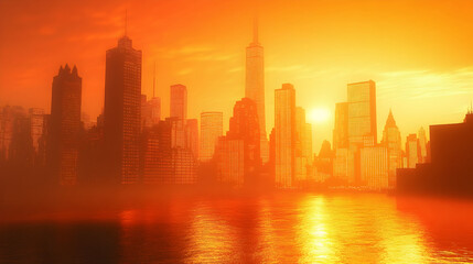 Obraz premium A city skyline with a bright orange glow in the background by AI generated image