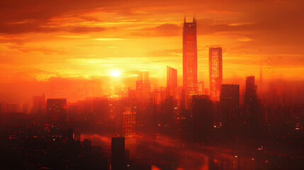 city skyline with a bright orange glow in the background